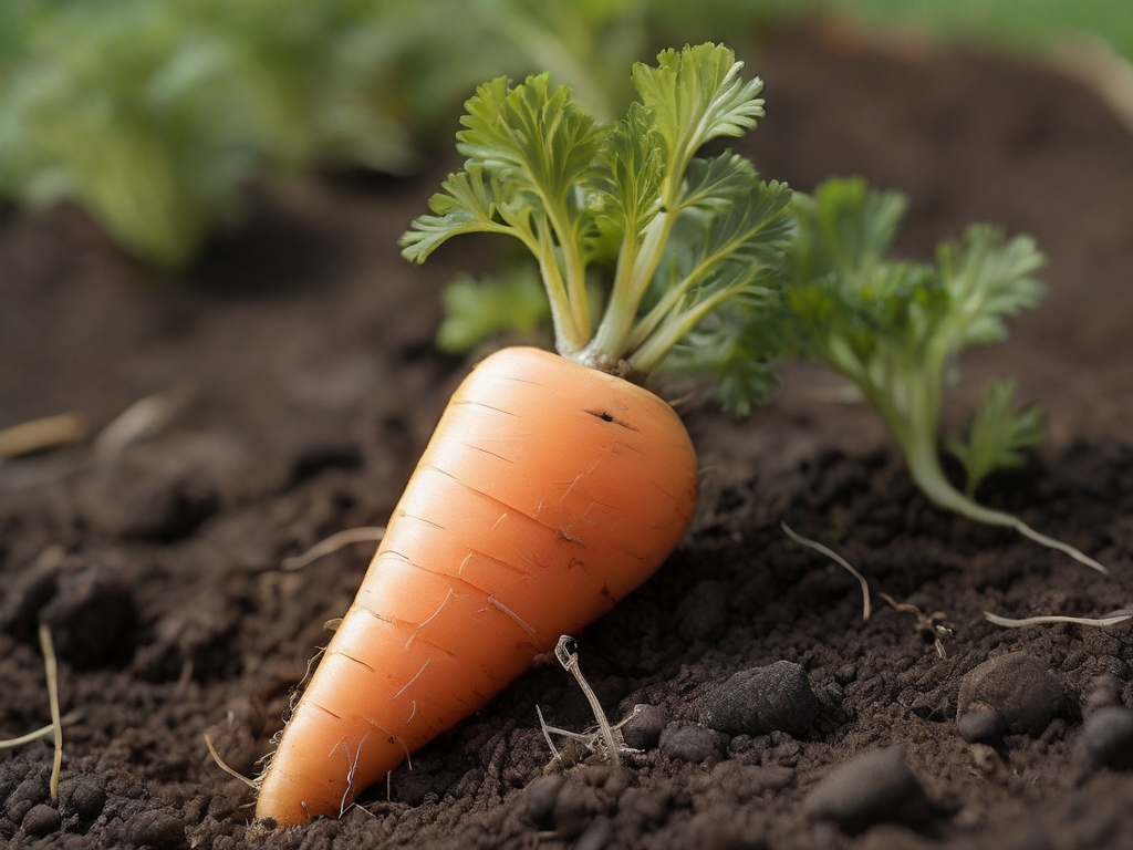 A carrot with leaves on the ground