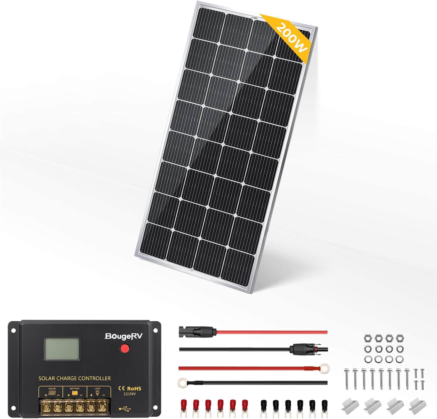 BougeRV 100W Solar Panel Charge Controller Kit with 20A PWM Controller, 100W Monocrystalline Silicon Solar Panel, Ideal for RV Boat Off-Grid Power System