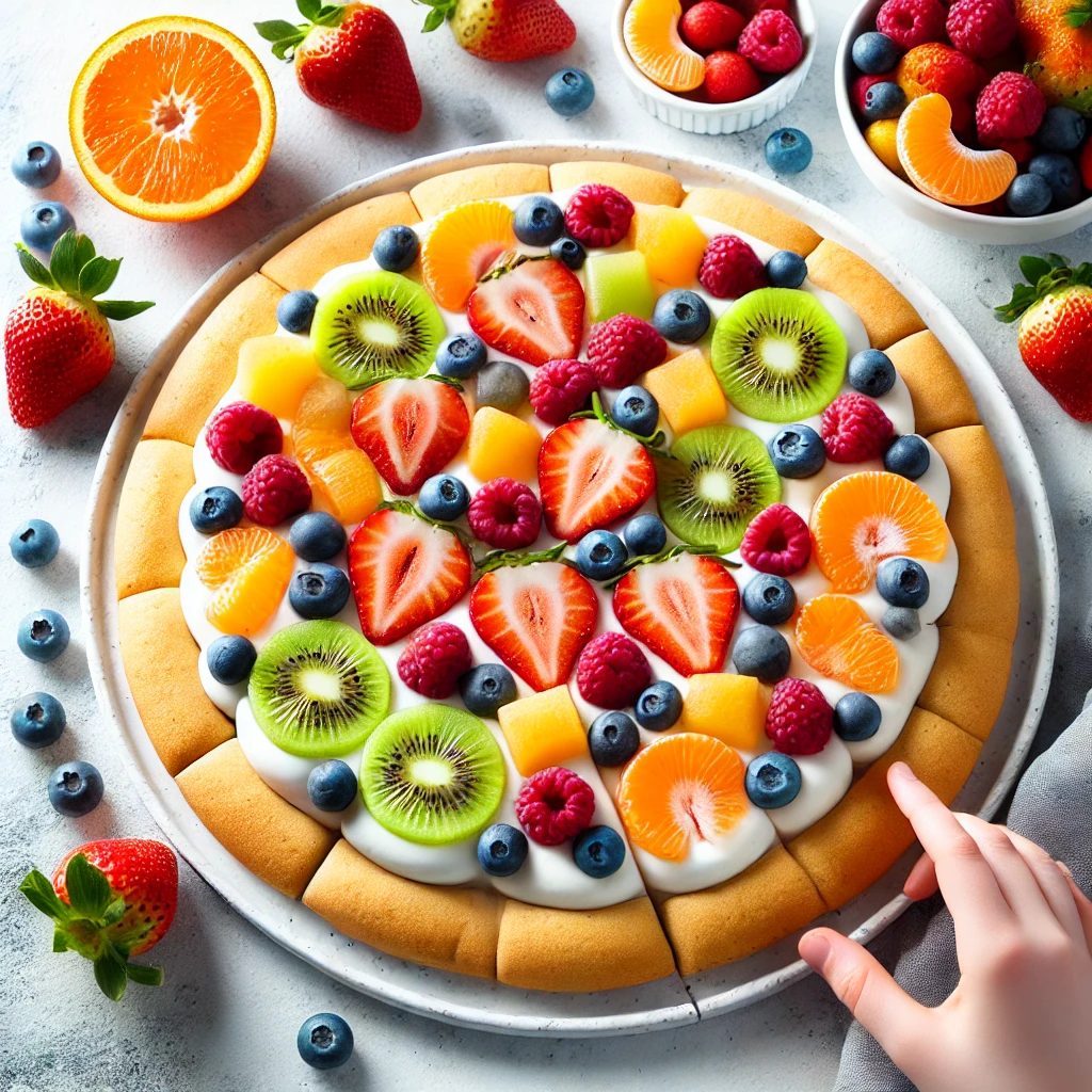 A vibrant and playful dessert resembling a pizza, with a golden sugar cookie crust, creamy white frosting, and colorful fresh fruit toppings including strawberries, blueberries, kiwi, mandarin oranges, and raspberries. The dish is served on a white plate, surrounded by fresh fruits and a child's hand reaching for a slice. Bright, family-friendly, and fun presentation.