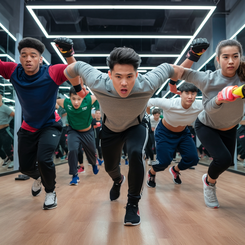 A group of people in their 20s performing a full body workout routine together