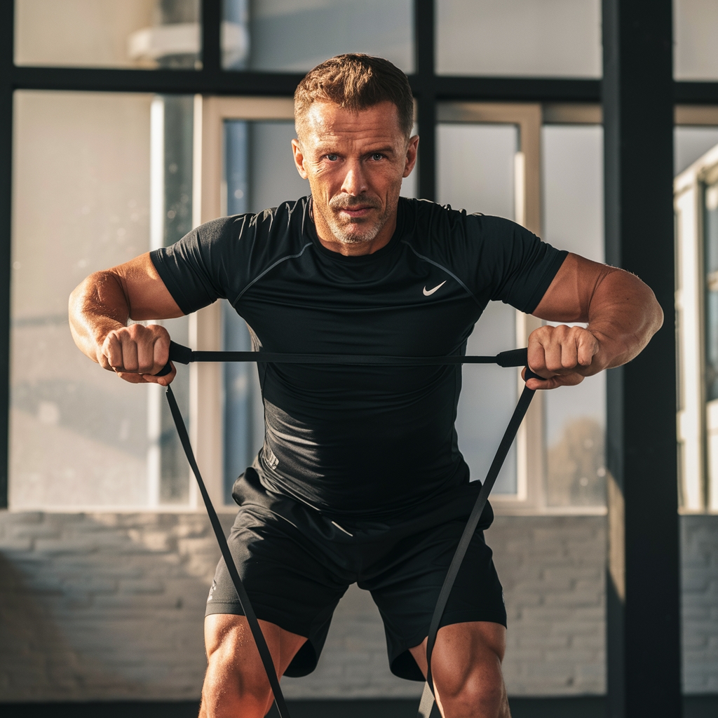 A man in his 40s performing a resistance band exercise while maintaining good posture