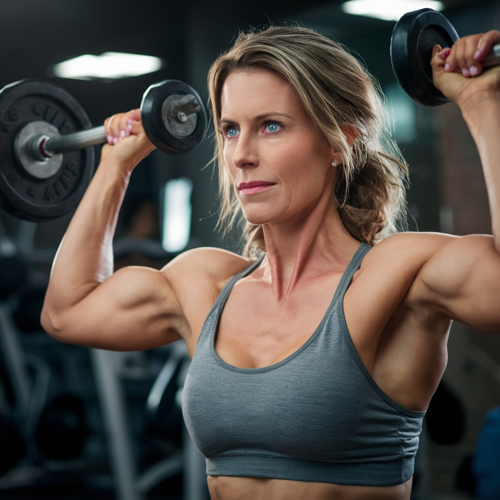 A fit and healthy woman in her 40s lifting weights at the gym, showing toned muscles and determination on her face