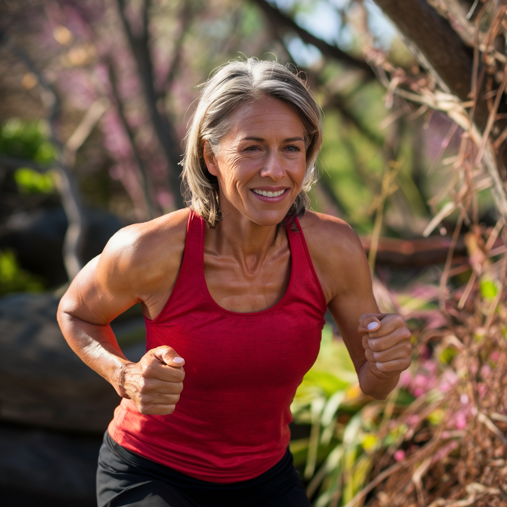 A middle-aged woman doing high-intensity interval training (HIIT) outdoors, sweating but smiling, surrounded by nature