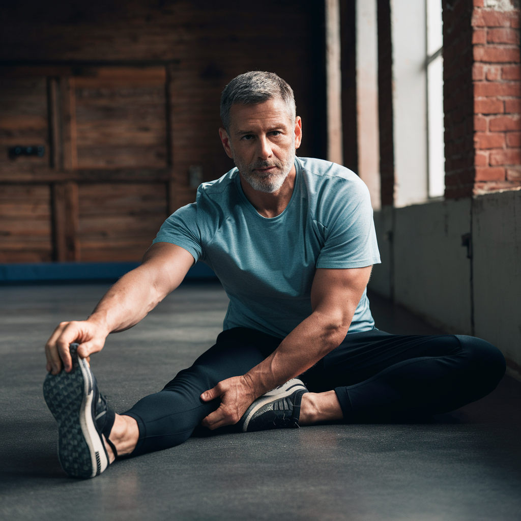 a man about 45 stretching his muscles after a workout