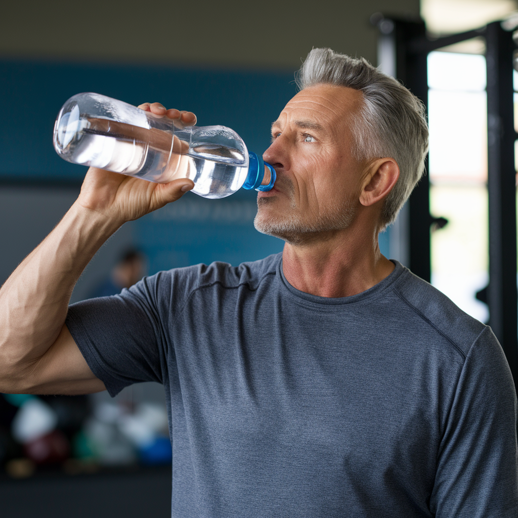 a man about 50 drinking water from a large bottle