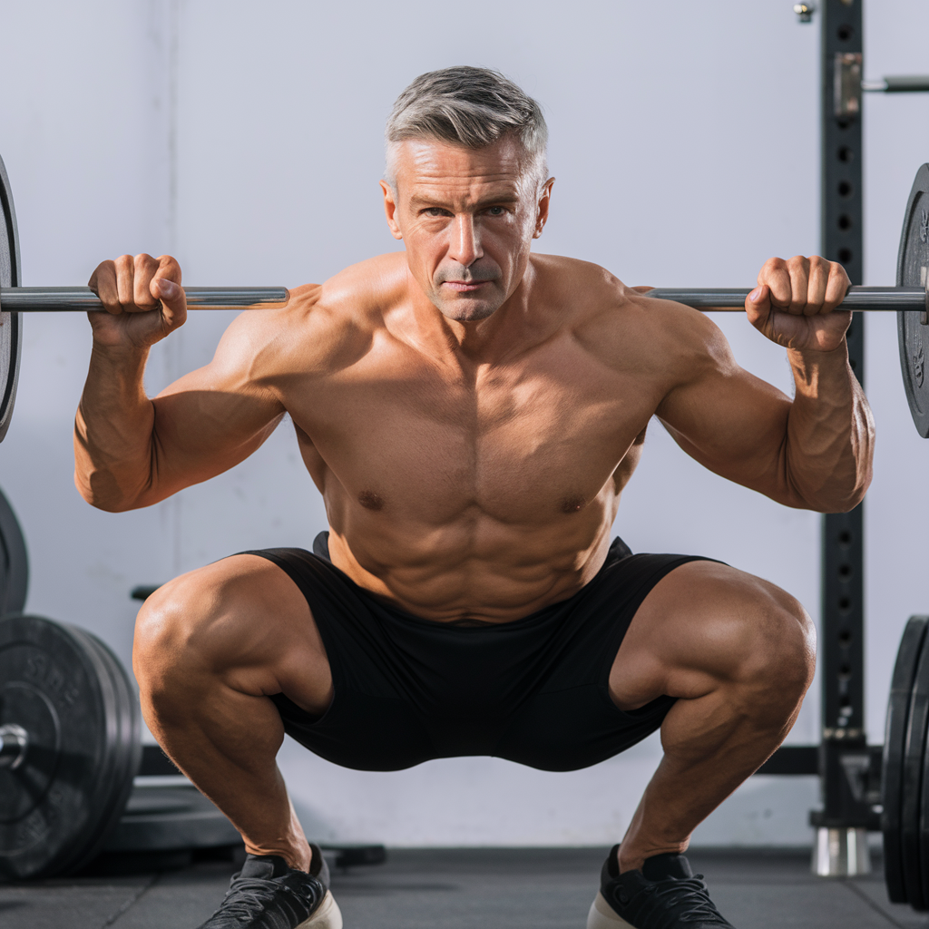 man about 50 well build performing compound exercises such as squats