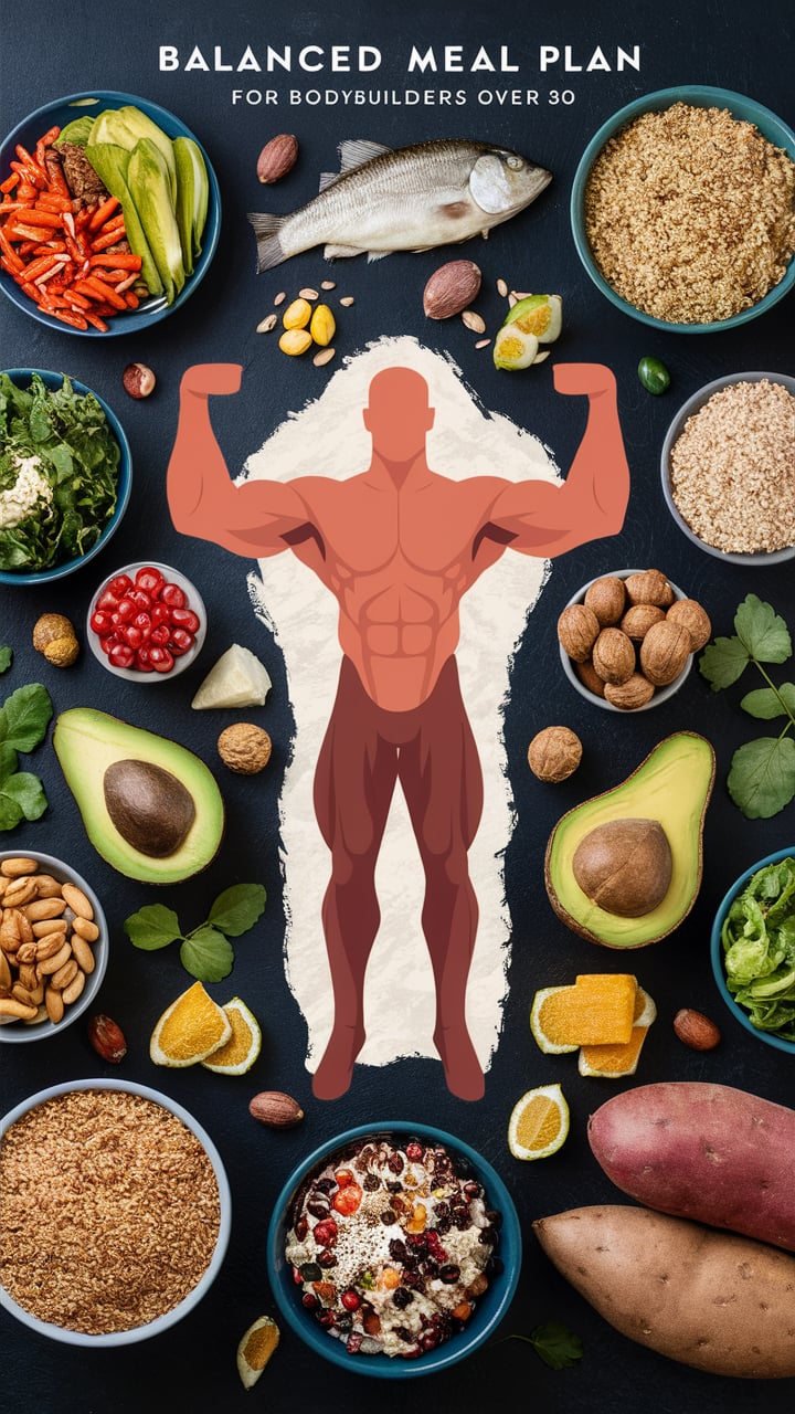 An illustration of a balanced meal plan for bodybuilders over 30,