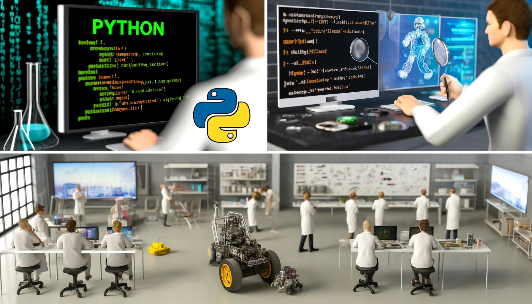 These images show scenarios from coding Python in a work environment, to its application in robotics and various AI-powered technologies, such as smart home systems and automated healthcare solutions.
